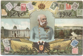 AK Adel Wien 60-jähriges Regierungsjubiläum Kaiser Franz Josef Briefmarkenmotive 1908