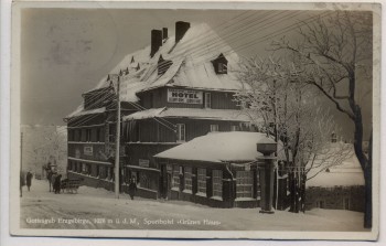 VERKAUFT !!!   AK Foto Gottesgab Boží Dar Sporthotel Grünes Haus Böhmen Tschechien 1939