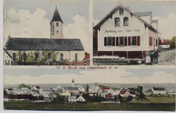 AK Gruß aus Haselbach (Niederbayern) Ortsansicht mit Kirche und Handlung Feldpost 1918 RAR
