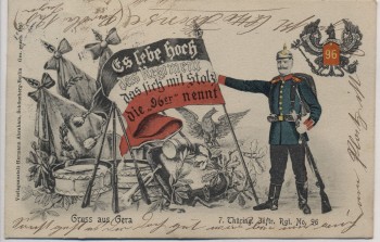 VERKAUFT !!!   AK Gruss aus Gera 7. Thüring. Inftr. Rgt. No. 96 Soldat Pickelhaube Wappen Fahne Patriotika 1905 RAR