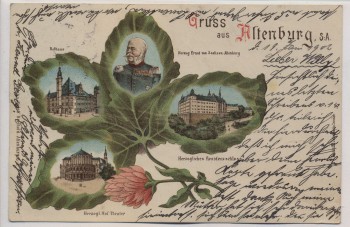 VERKAUFT !!!   Litho Gruss aus Altenburg Kleeblatt Herzog Ernst von Sachsen Rathaus Schloss Theater 1902 RAR