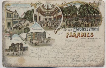 VERKAUFT !!!   Litho Halle an der Saale Gruss aus dem Etablissement zum Paradies 1898