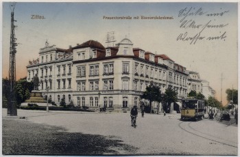 AK Zittau Frauentorstraße mit Bismarckdenkmal Gasthof Stadt Görlitz Straßenbahn 1917