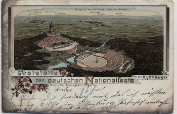 Litho Feststätte der deutschen Nationalfeste am Kyffhäuser Vogelschau bei Steinthaleben 1900 RAR