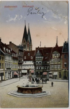AK Halberstadt Holzmarkt mit Brunnen 1914