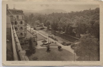 AK Baden-Baden Brenner's Stephanie-Hotel Ausblick auf den Hotelpark 1920