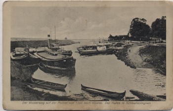 VERKAUFT !!!   AK Schmalleningken Smalininkai (Jurbarkas) Hafen mit Schiffen Memel von Tilsit nach Kowno Feldpost Ostpreußen Litauen 1915 RAR