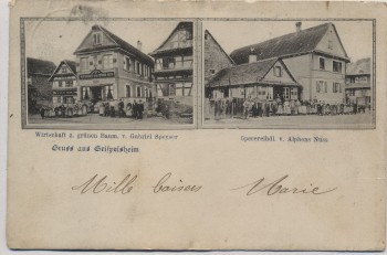 VERKAUFT !!!   AK Gruss aus Geispolsheim Wirtschaft z. grünen Baum Specereihandlung Elsass Frankreich 1907 RAR