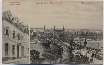 VERKAUFT !!!   AK Gruss aus Mannheim Restauration Stephan Rieger Neckarbrücke 1910