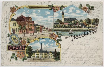 AK Litho Gruss aus Haselünne Postamt Kirche Kloster 1903 RAR