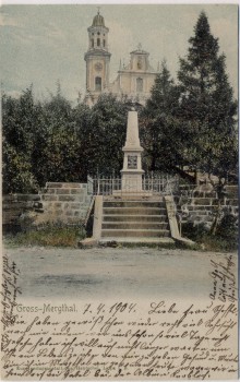 VERKAUFT !!!   AK Großmergthal Mařenice Kirche mit Denkmal 1866 Böhmen Tschechien 1904