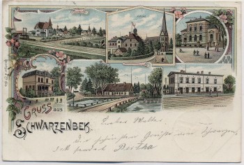 AK Litho Gruss aus Schwarzenbek in Schleswig-Holstein Bahnhof Schule Kirche ... 1899 RAR