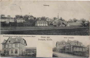 AK Gruss aus Dornach Mülhausen Mulhouse Rebberg Villa Limacher Wirtschaft zum Weissen Kreuz Haut-Rhin Elsass Frankreich 1914 RAR