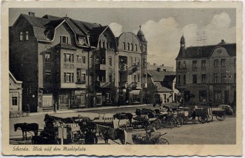AK Schroda Środa Wielkopolska Blick auf den Marktplatz viele Pferdekutschen Warthegau Posen Polen 1941 RAR