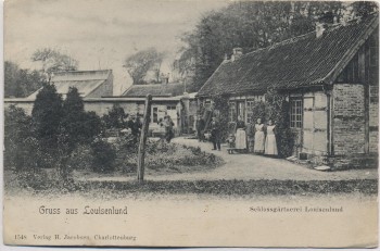 AK Gruss aus Louisenlund Schlossgärtnerei mit Menschen bei Güby 1910 RAR