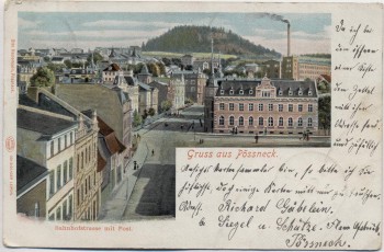 VERKAUFT !!!   AK Gruss aus Pössneck Bahnhofstrasse mit Post 1902