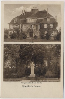 VERKAUFT !!!   AK Schebitz Szewce bei Breslau Wrocław Schloß Kriegerdenkmal und Kirche Schlesien Polen 1932 RAR