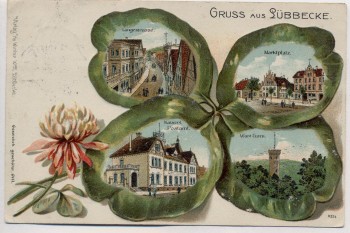 Präge-AK Litho Gruss aus Lübbecke Kleeblatt Langestrasse Marktplatz Postamt 1905 RAR