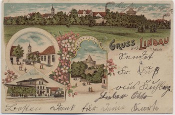 AK Litho Gruss aus Lindau bei Zerbst/Anhalt Bahnhof Kirche Burg ... 1902 RAR