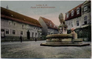Präge-AK Lucka in Thüringen Markt mit Wettinbrunnen 1910 RAR mit Restaurant zum goldenen Stern 1910 RAR