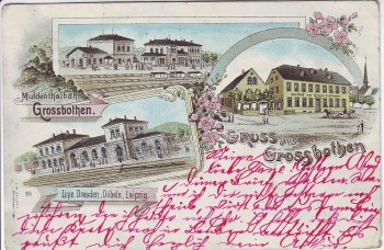 Litho Gruss aus Großbothen Muldentalbahn Bahnhof Gasthof Grimma 1898 RAR