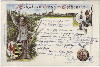 VERKAUFT !!!   AK Schützen-Gruß aus Cöthen Köthen Schütze Gewehr Wappen 1900 RAR
