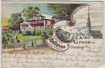 VERKAUFT !!!   AK Gruss aus Flensburg Restaurant Bellevue mit Fernblick 1905 RAR