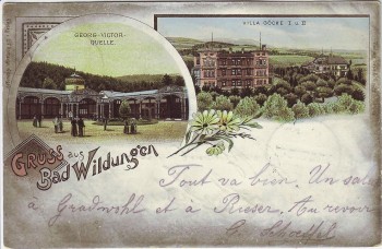 Litho Gruss aus Bad Wildungen Georg-Victor-Quelle Villa Göcke I u. II 1902 Litho Gruss aus Bad Wildungen Georg-Victor-Quelle Villa Göcke I u. II 1902