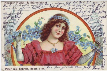 Litho Neuss am Rhein Neusser Nudeln- und Stärkefabrik Peter Jos. Schram Frau mit Blumen 1903 RAR