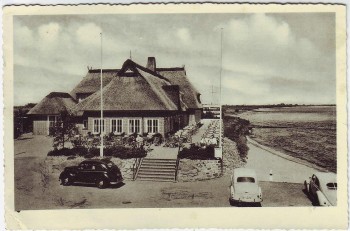 VERKAUFT !!!   AK Stade Fährhaus Elbkate mit Autos Landpoststempel Brunshausen 1954