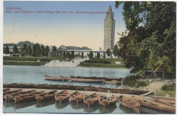 AK Magdeburg Blick vom Fährhaus Adolf-Mittag-See auf das Ausstellungsgelände viele Boote 1936 AK Magdeburg Blick vom Fährhaus Adolf-Mittag-See auf das Ausstellungsgelände viele Boote 1936