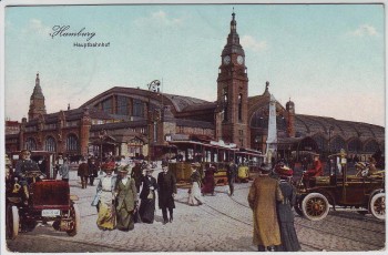 AK Hamburg Hauptbahnhof Oldtimer Straßenbahn viele Menschen 1911