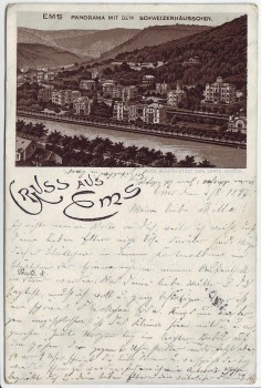 AK Litho Gruss aus Bad Ems Panorama mit dem Schweizerhäusschen 1897