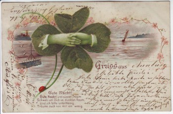 Präge-AK Litho Gruss aus ... Kleeblatt Hände reichend 1901