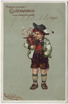 Künstler-AK Herzlichen Glückwunsch zum Geburtstag Junge in Lederhose E. Döcker 1905