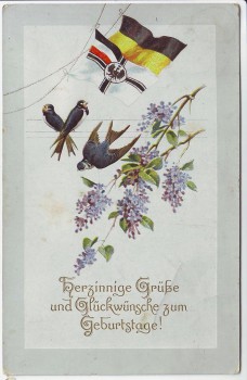 AK Herzinnige Grüße und Glückwünsche zum Geburtstage Fahnen Vögel Patriotika 1919