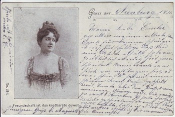 Künstler-AK Gruss aus ... Freundschaft ist das kostbarste Juwel Frau mit Dekolleté 1900
