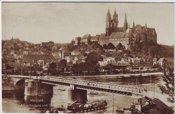 AK Foto Meissen Albrechtsburg und Dom mit Brücke Schiff 1927