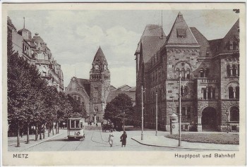 AK Metz Hauptpost und Bahnhof Straßenbahn Feldpost Lothringen Frankreich 1942