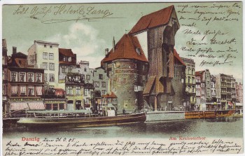 VERKAUFT !!!   AK Danzig Gdańsk Krantor Schiff Geschäfte Pommern Polen 1905