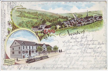 VERKAUFT !!!   Litho Gruss aus Neudorf im Rheingau Gasthaus zur Post Eisenbahn Totale Martinsthal Eltville 1899 RAR