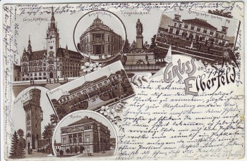 Litho Gruss aus Elberfeld Kriegerdenkmal Theater Rathaus ... Wuppertal 1897