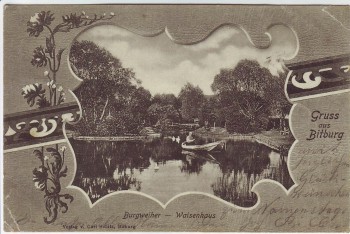 AK Passepartout Gruss aus Bitburg Burgweiher Waisenhaus 1902 RAR