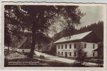 AK Foto Gabrielahütten Gabrielina Huť Natzschungstal Gasthaus zur Böhm. Schweiz bei Olbernhau Kalek Landpoststempel Wernsdorf Böhmen Tschechien 1940 RAR