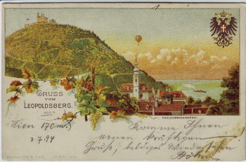 AK Litho Gruss vom Leopoldsberg Döbling Wien Ortsansicht mit Wappen 1894 RAR
