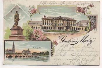 Litho Gruss aus Metz Theaterplatz 3 Bilder Moselle Lothringen Frankreich 1908
