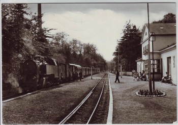 AK Foto Bad Doberan OT Ostseebad Heiligendamm Bahnhof mit Bäderbahn 1980
