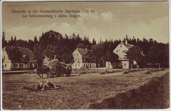 VERKAUFT !!!   AK Sommerfrische Jägerhaus bei Schwarzenberg Heuernte Erzgebirge Sachsen 1920 RAR