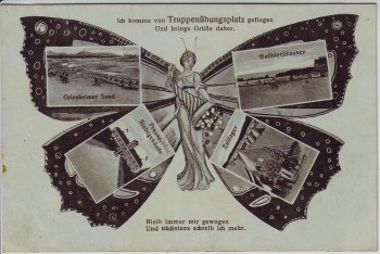 AK Truppenübungsplatz Zeltlager Wellblechhausen Schmetterling Jugendstil bei Darmstadt Griesheim 1921