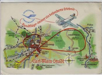 VERKAUFT !!!   Künster-AK Chemnitz Interflug Rundflüge Deutsche Lufthansa A. Hoppe 1958 RAR